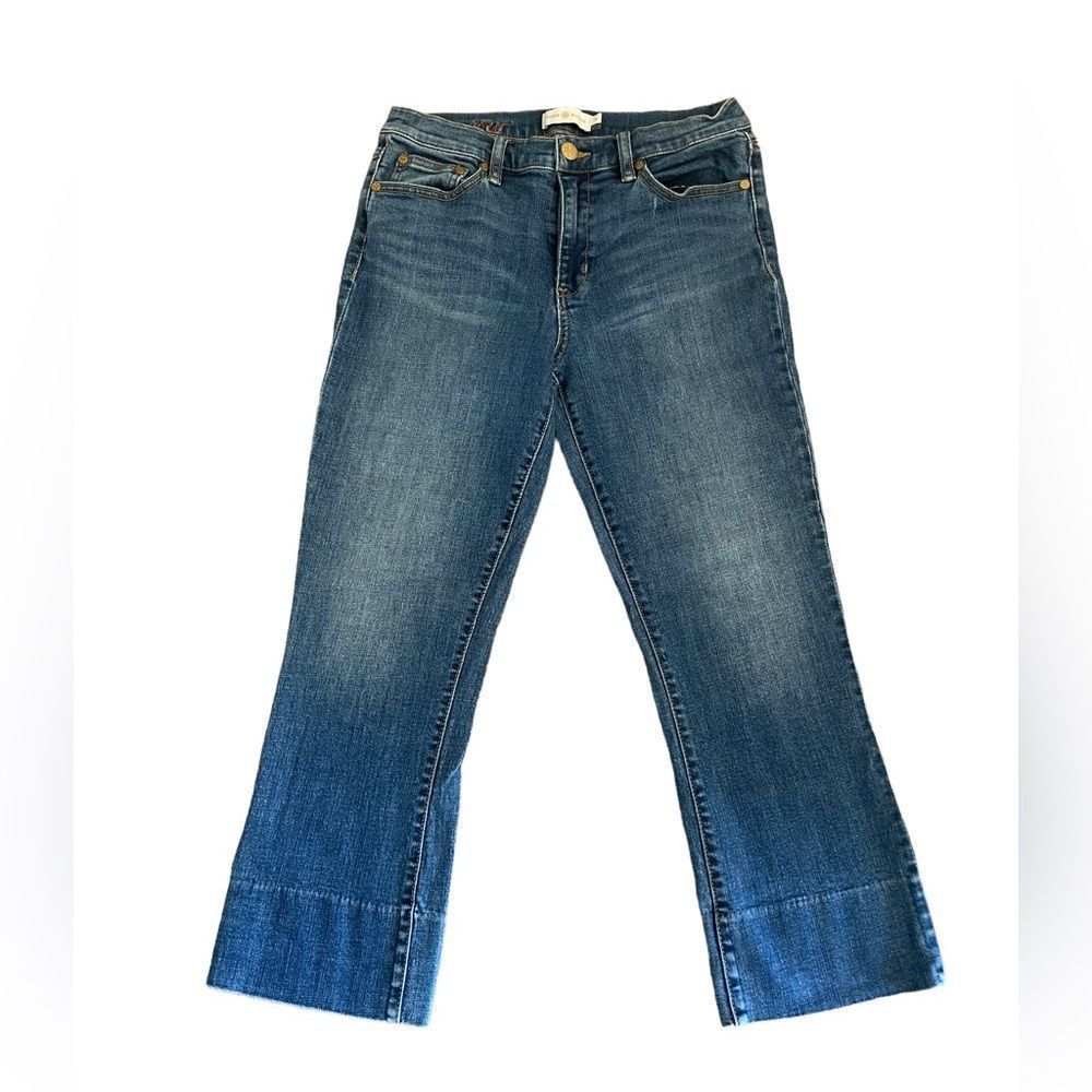 Tory Burch Mid Rise Denim Blue Washed Flare Capri Cropped Womens Jeans Sz 26